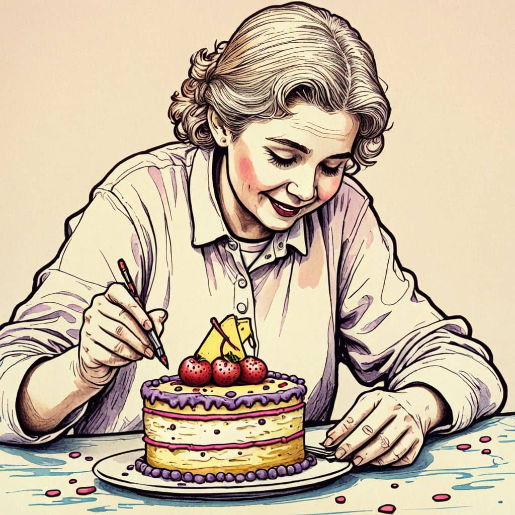 Colored Grandma placing cherries on a chocolate cake