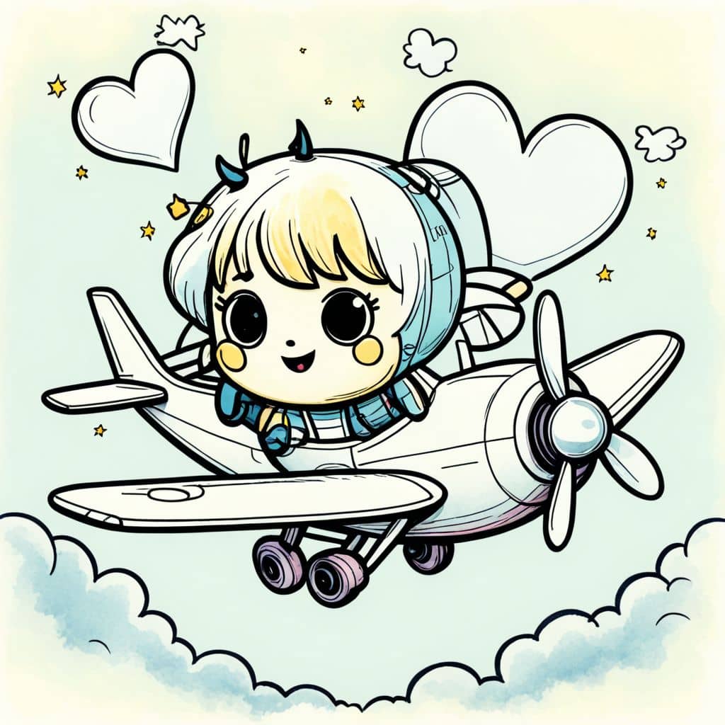 Colored Chibi airplane delivering a heart