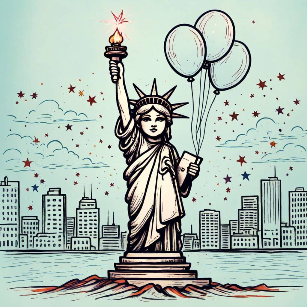 Colored Chibi Lady Liberty with balloons