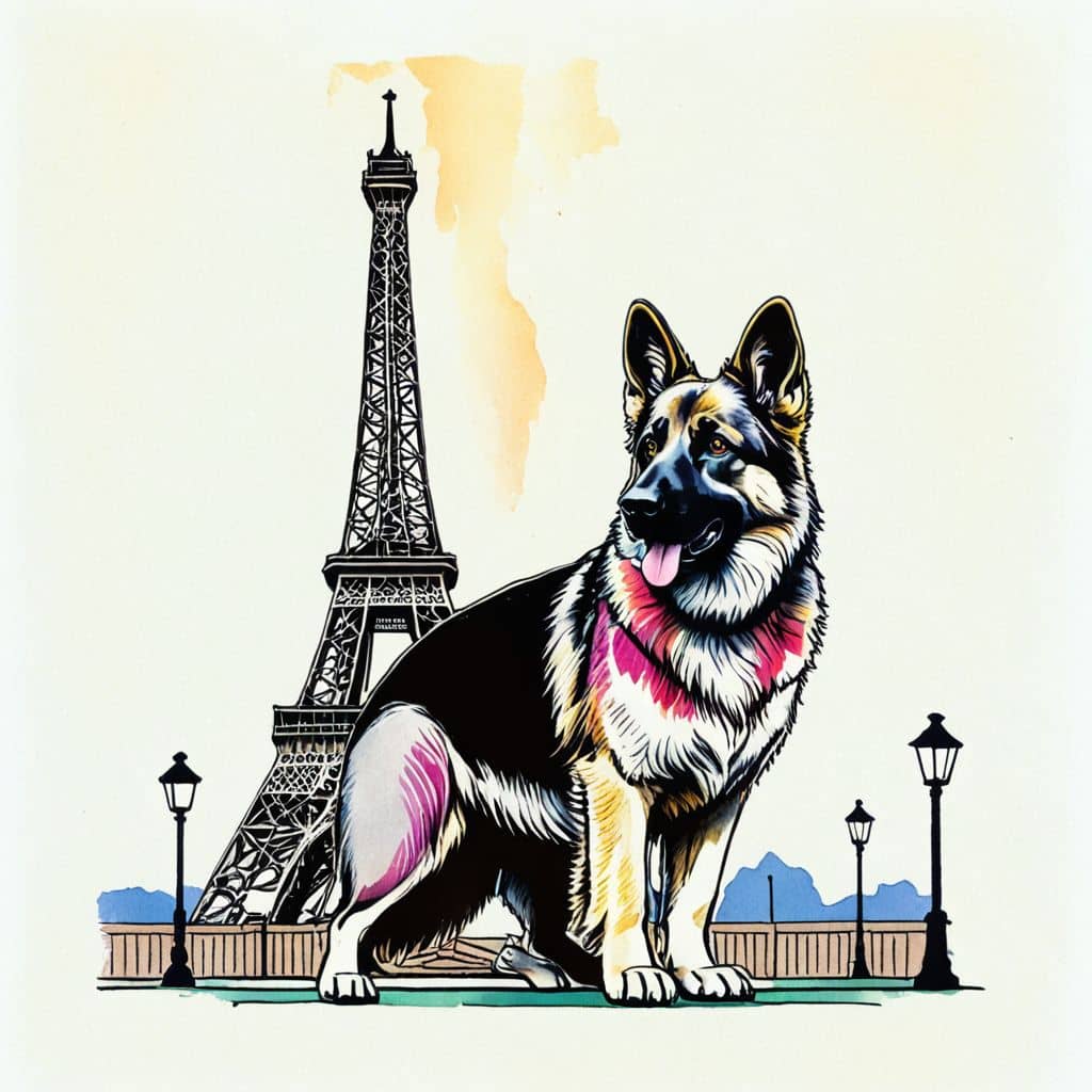 Colored German Shepherd at Eiffel Tower