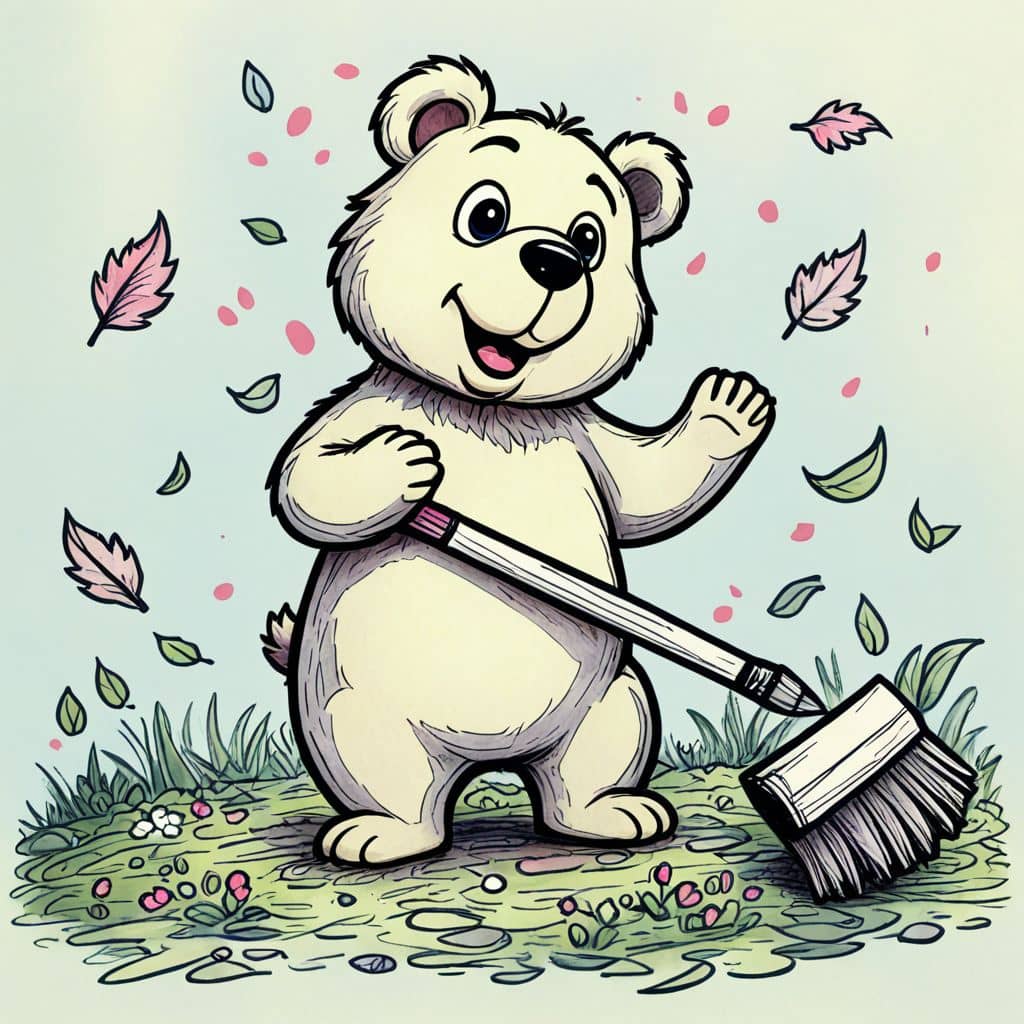 Colored Bear raking leaves.