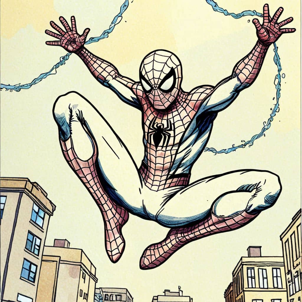 Colored Spiderman sticking to the ceiling