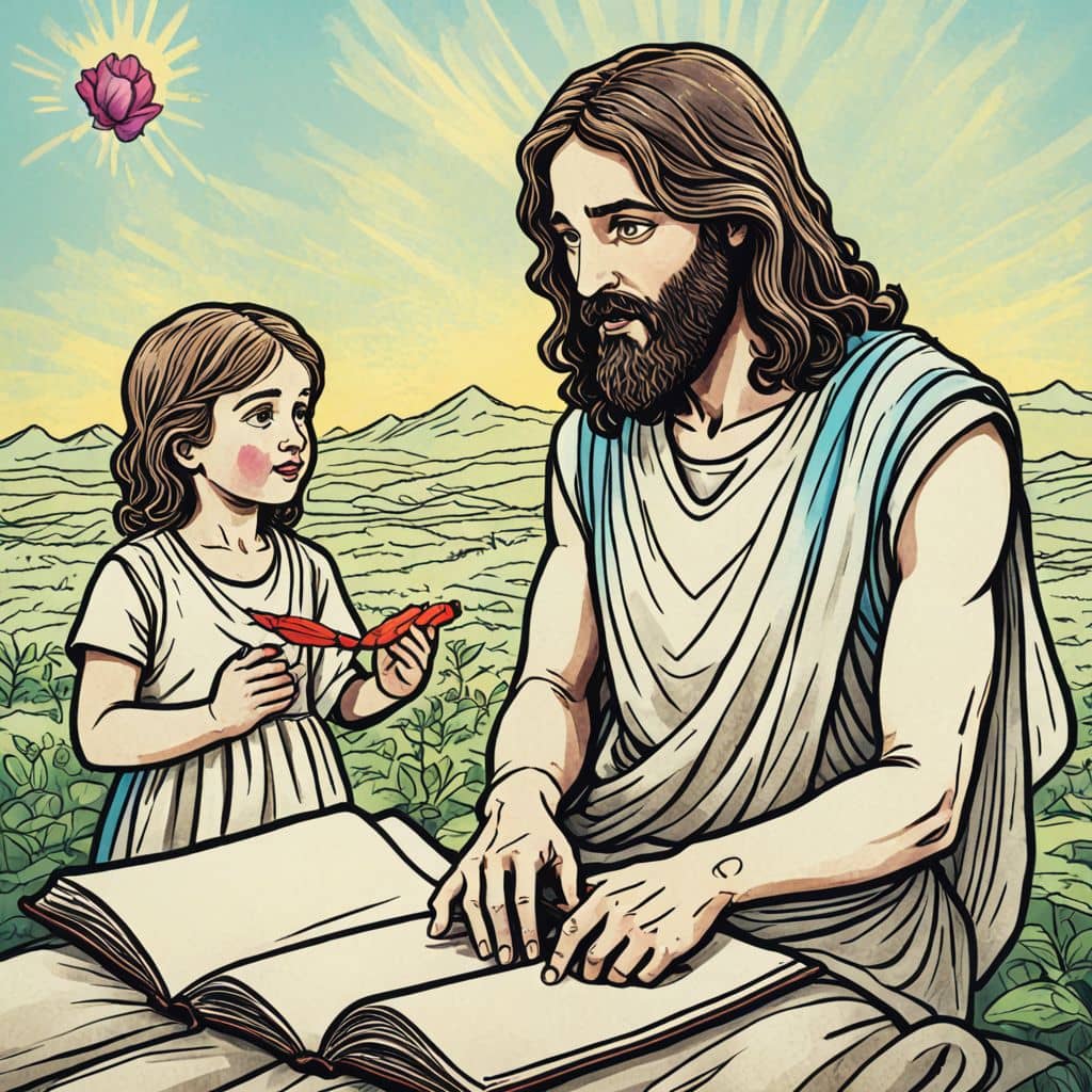 Colored Jesus - from Bible reading a scroll to children.