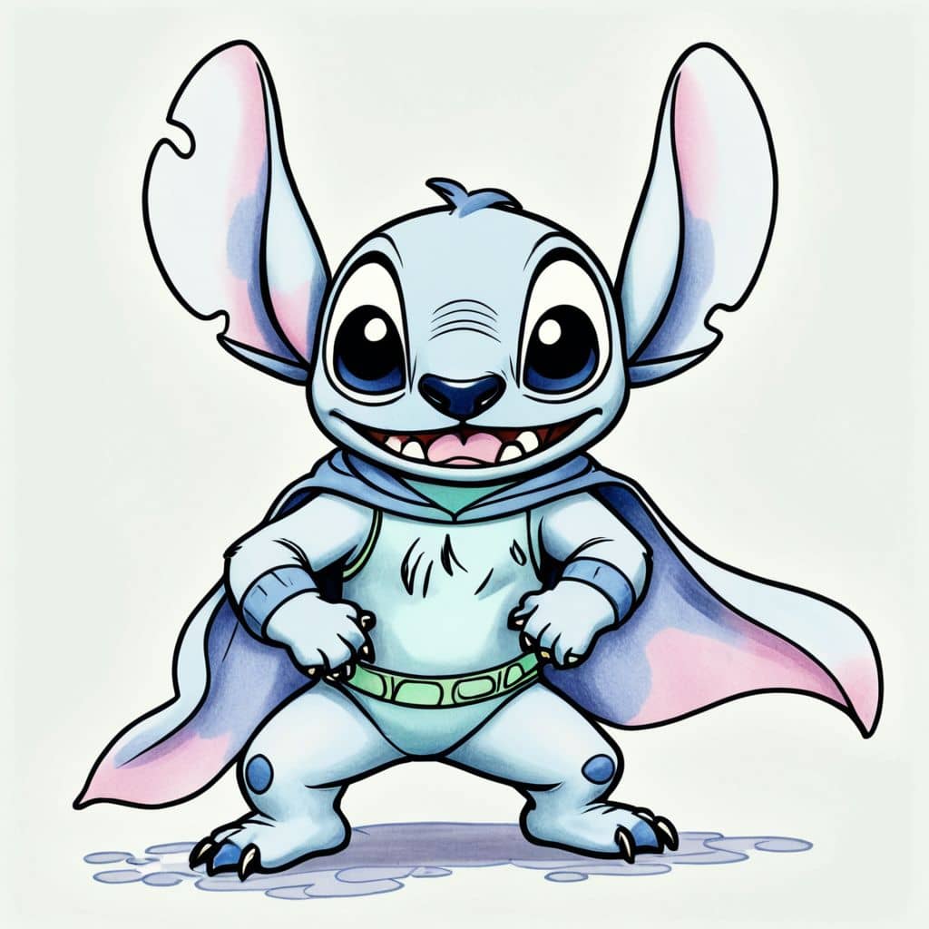 Colored Stitch in superhero costume