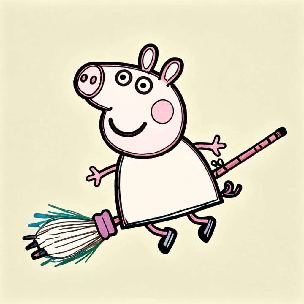 Colored Peppa Pig flying on broom