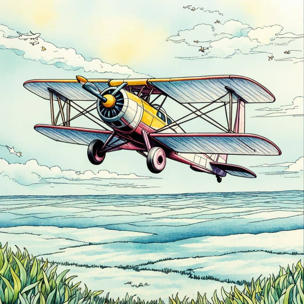 Colored WWI biplane soaring over fields