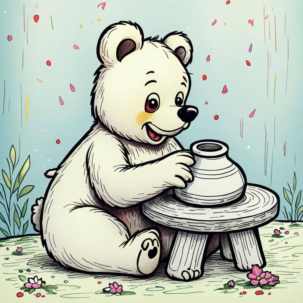 Colored Bear sculpting a clay pot
