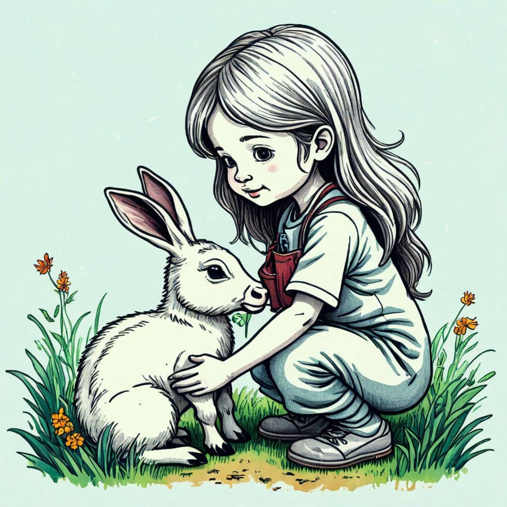 Colored Girl petting a rabbit