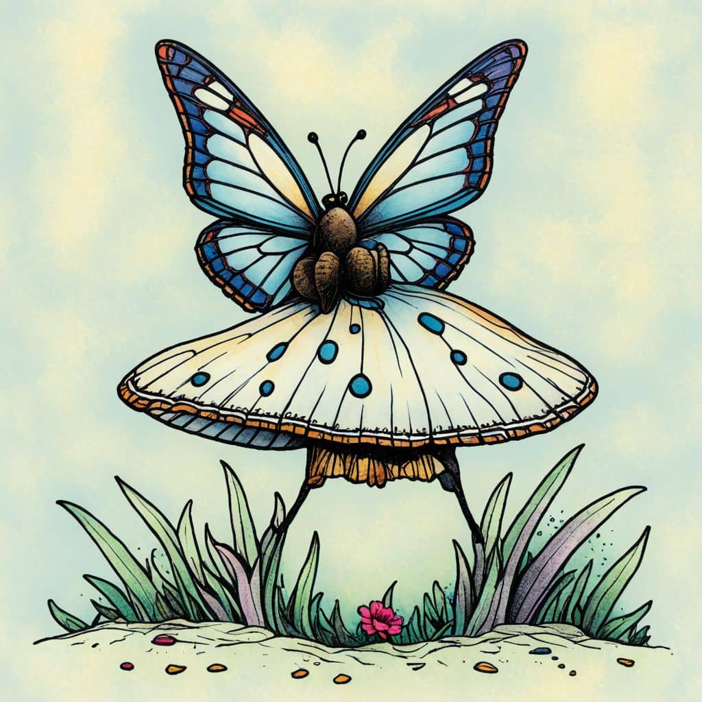 Colored Chibi Butterfly rests on a mushroom