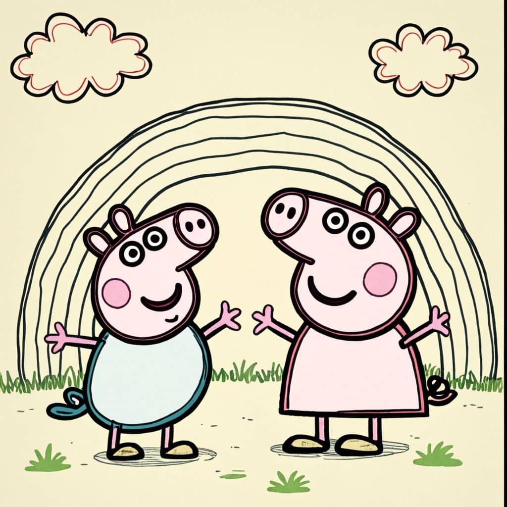 Colored Peppa Pig making rainbows