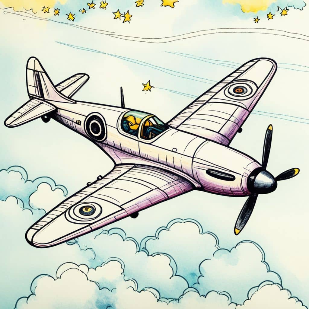 Colored WWII Spitfire in mid-air maneuver