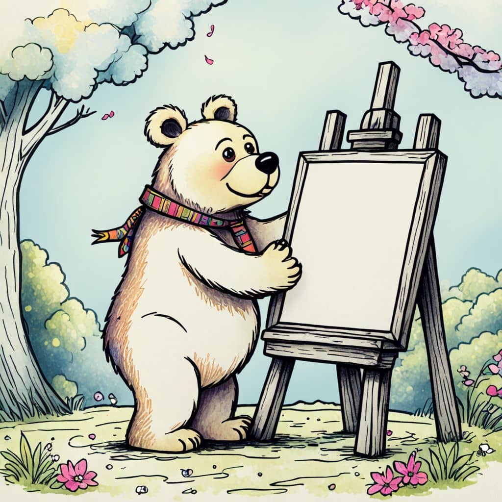 Colored Bear with an easel and canvas