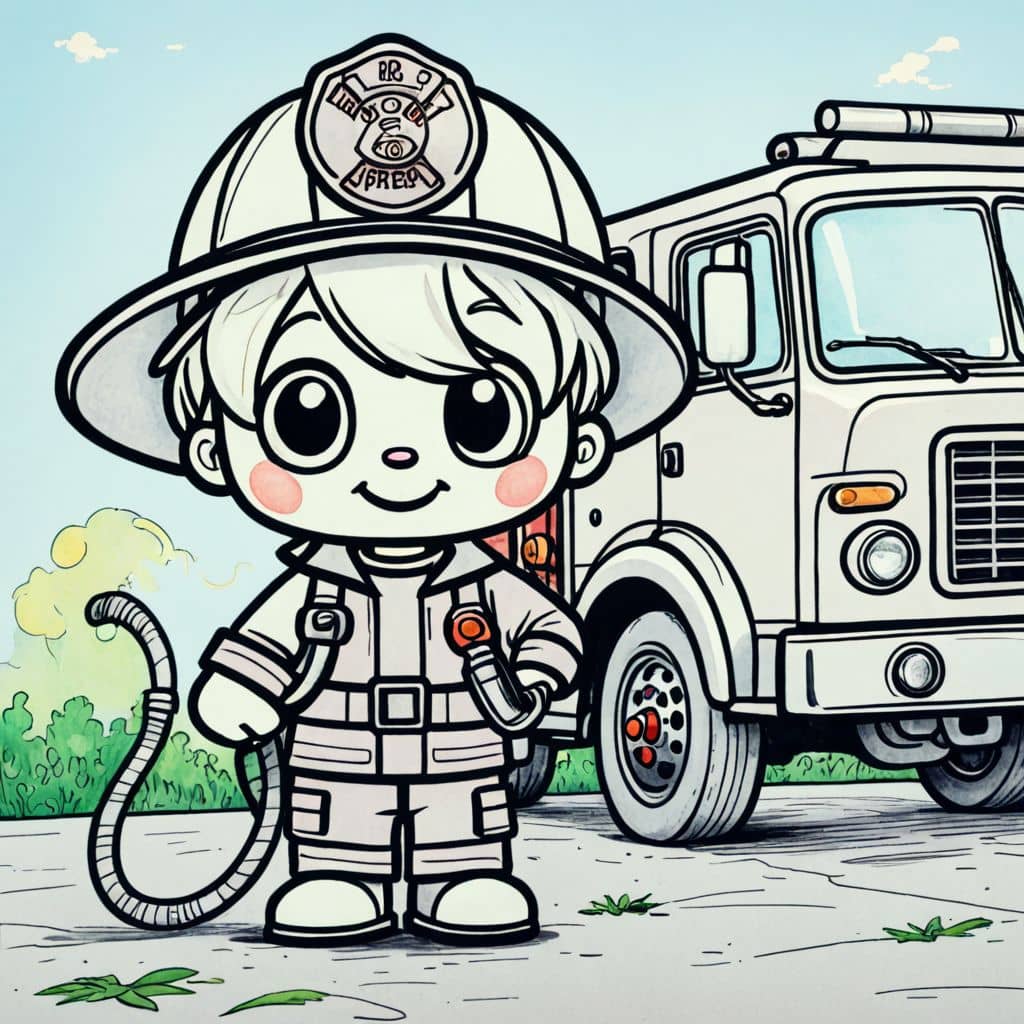Colored Chibi firefighter holding a hose near a fire truck