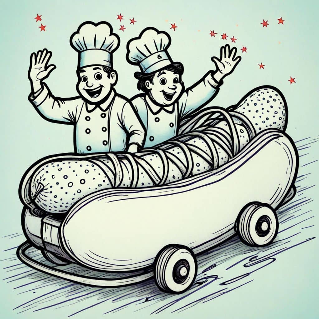 Colored Hot dog float with waving chefs