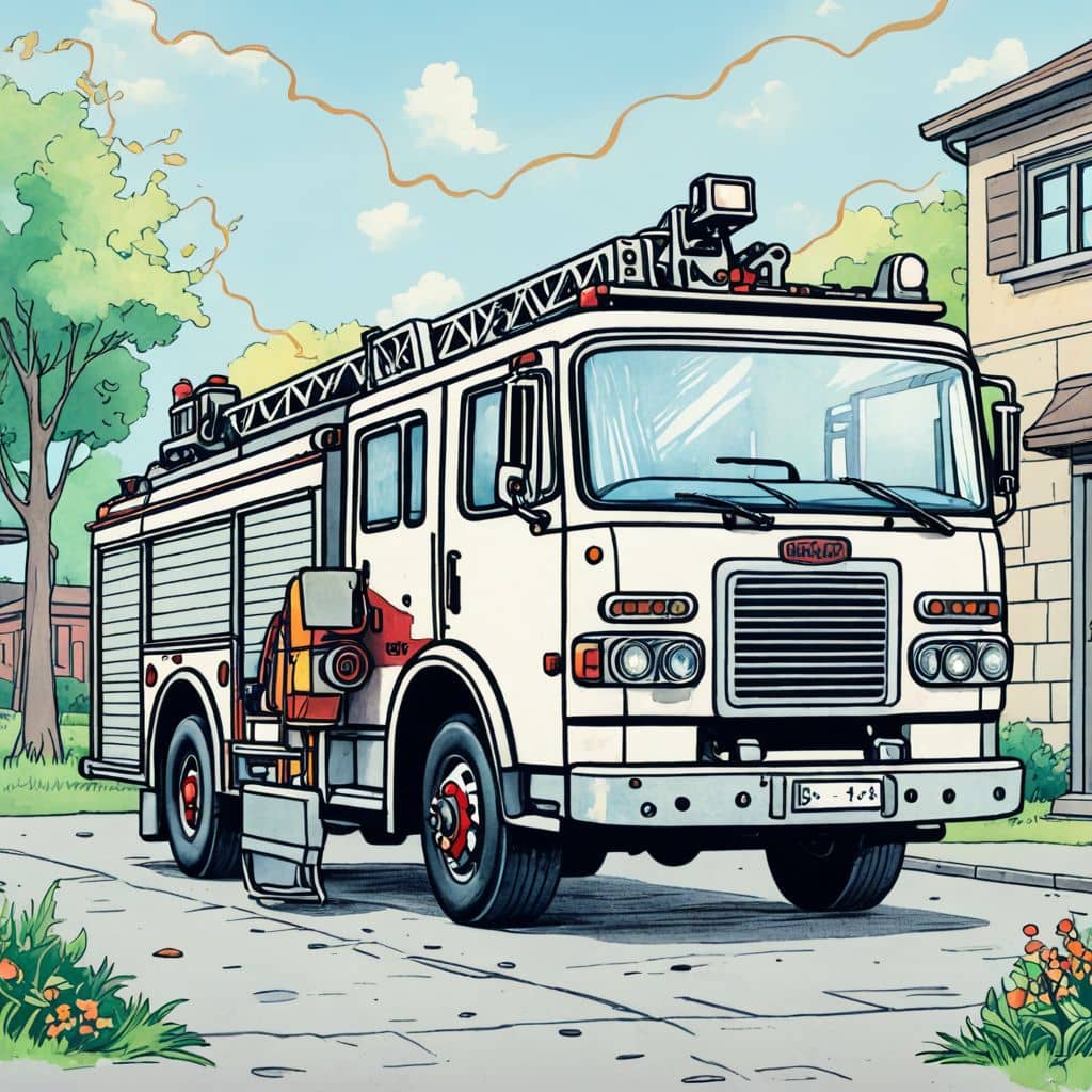Colored Chibi firefighters polishing a fire truck
