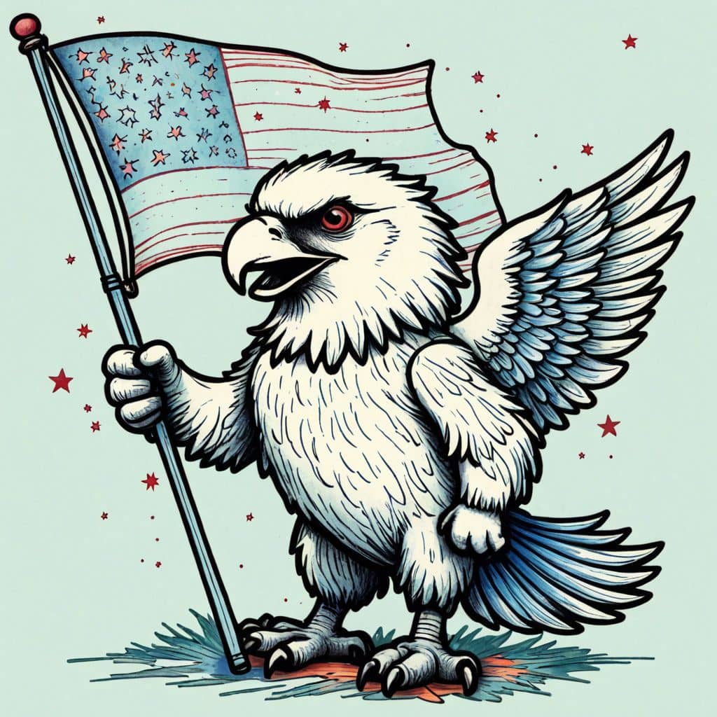 Colored Bald eagle mascot waving an American flag