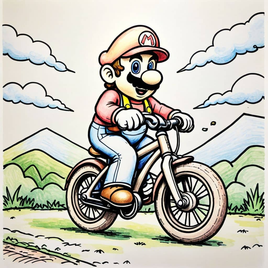Colored Mario riding a bike