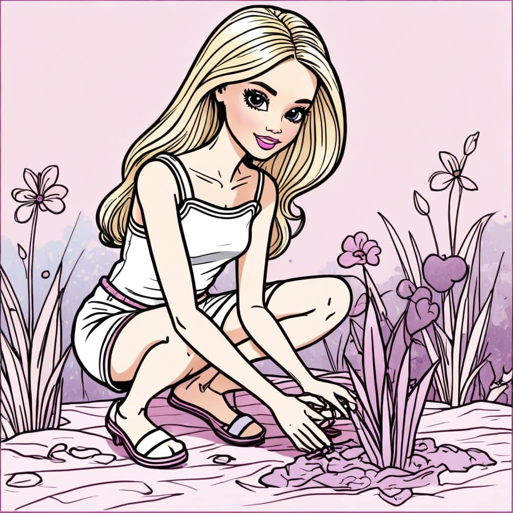 Colored Barbie planting flowers