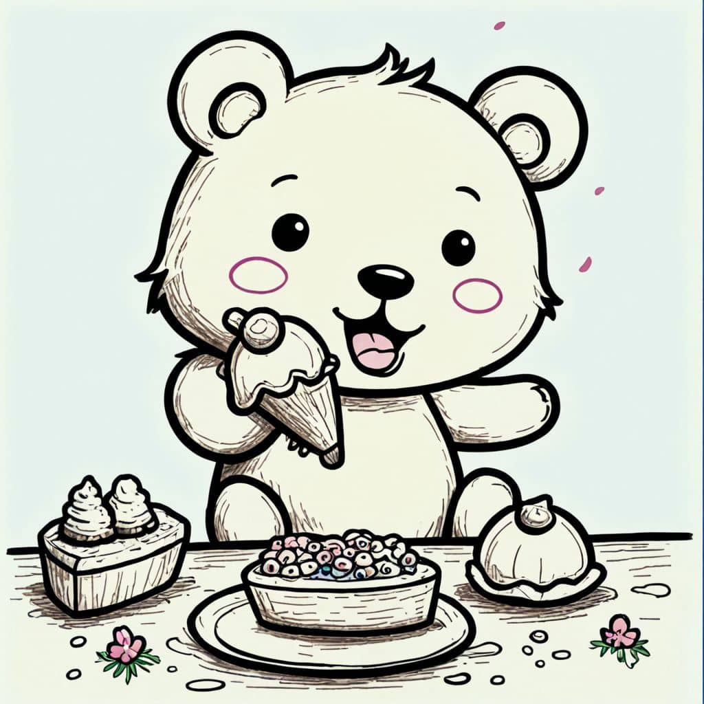 Colored Chibi bear eating ice cream