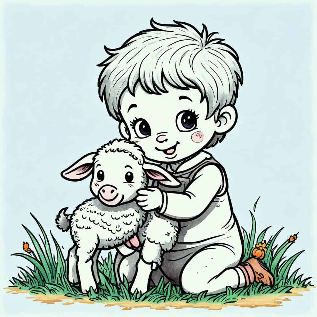 Colored Child hugging a lamb.