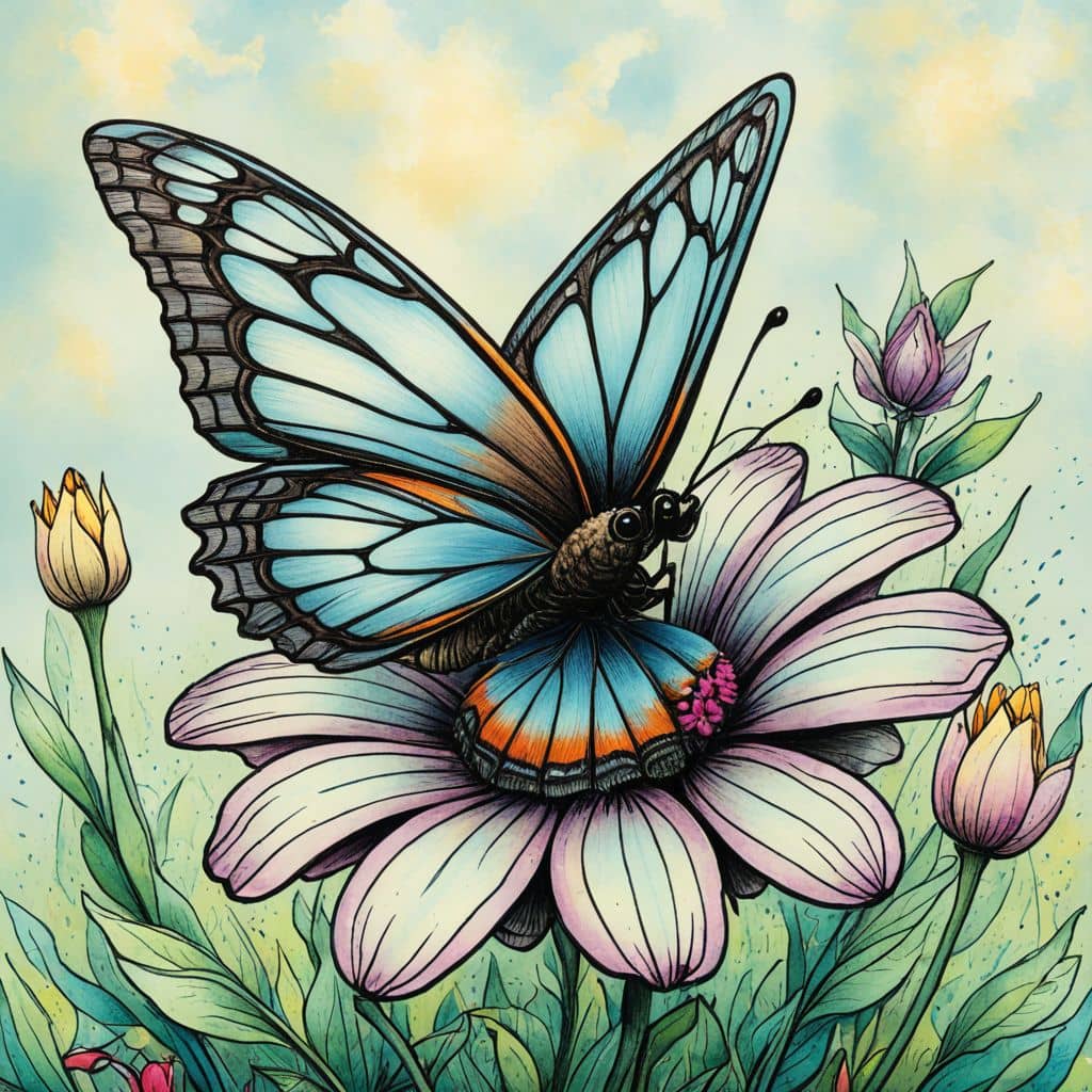 Colored Butterfly reading a storybook on a flower