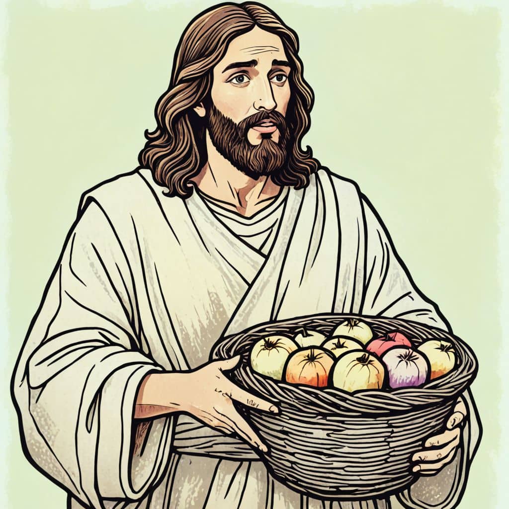 Colored Jesus - biblical figure holding a basket of apples