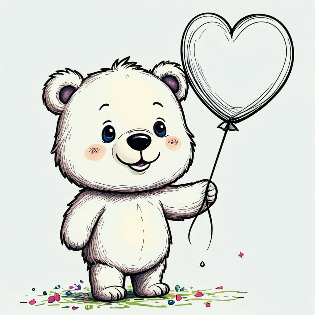 Colored chibi bear holding a balloon