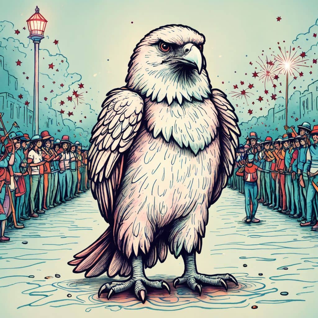 Colored Bald eagle mascot watching a parade
