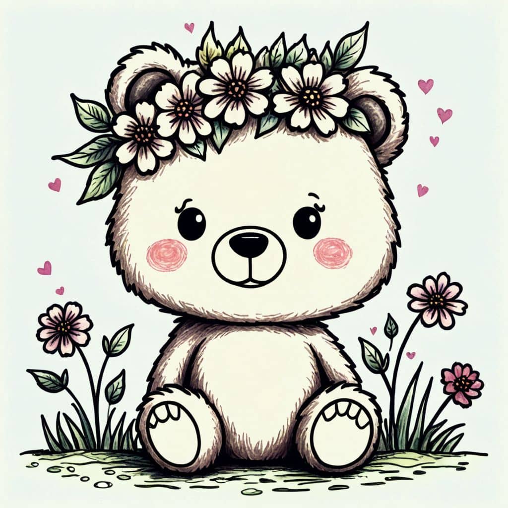 Colored chibi bear with a flower crown