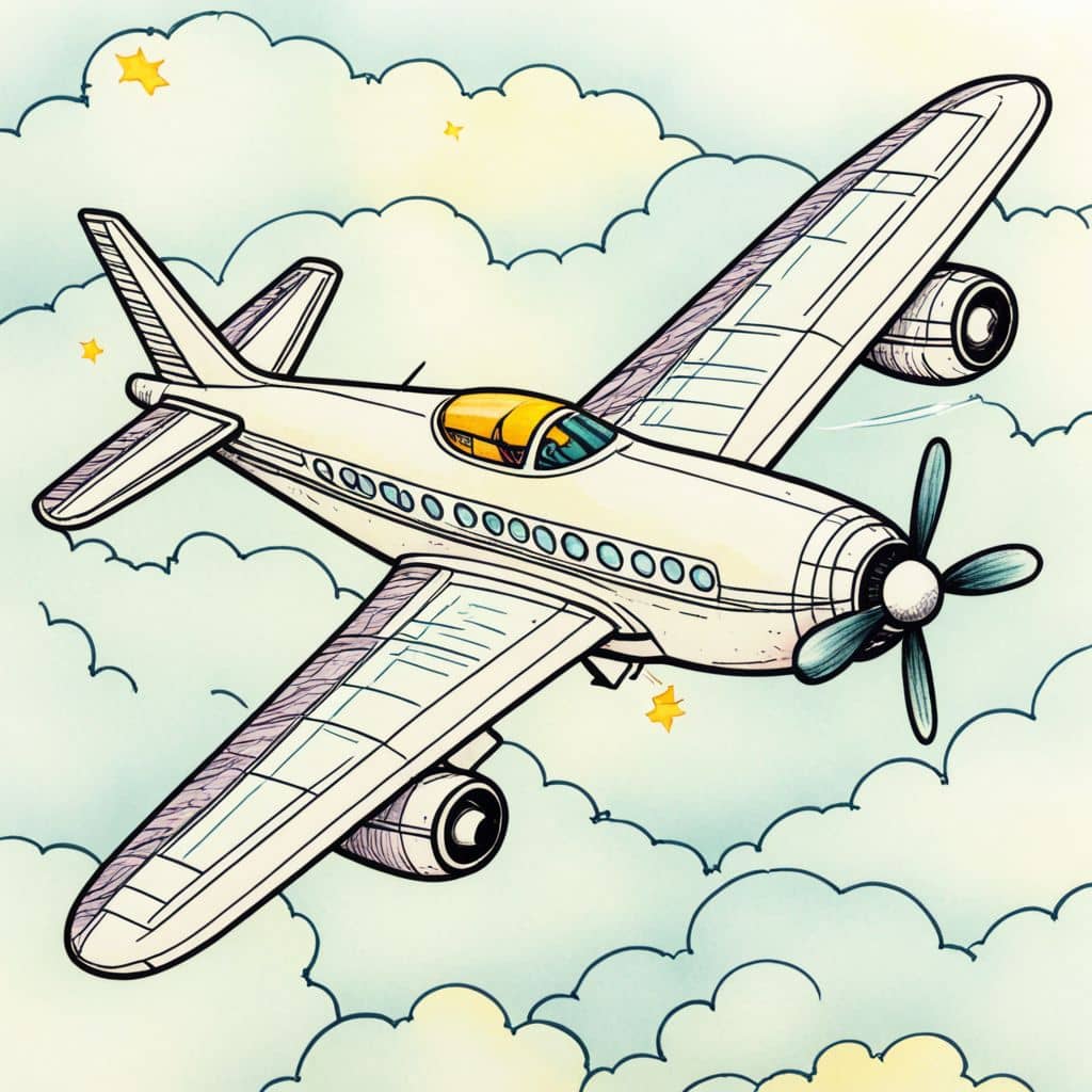 Colored Airplane with rainbow-colored wings flying through clouds
