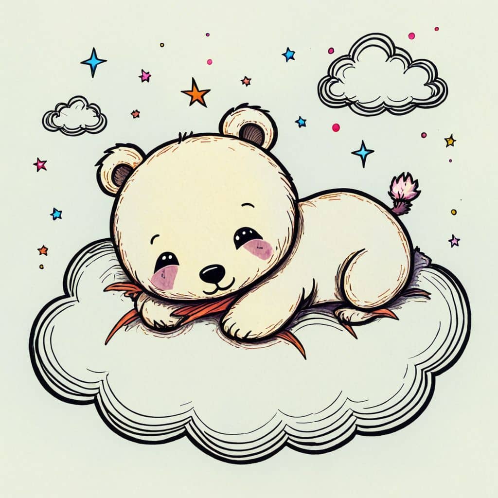 Colored chibi bear sleeping on a cloud