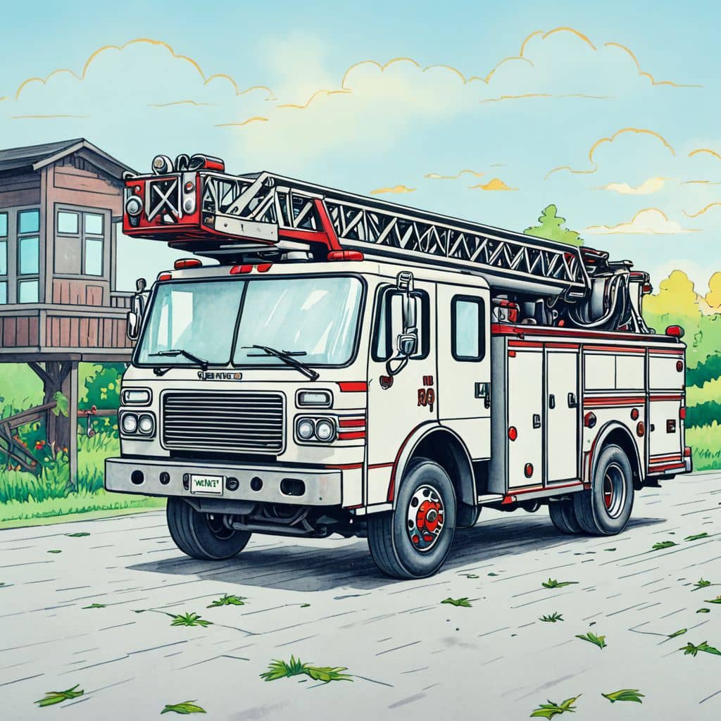 Colored fire truck rescuing someone near a lifeguard tower