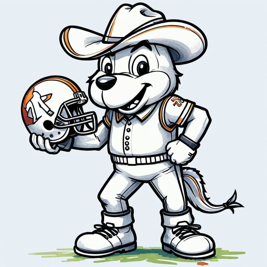 Colored Rowdy - the cowboy mascot from Dallas Cowboys carrying a football helmet