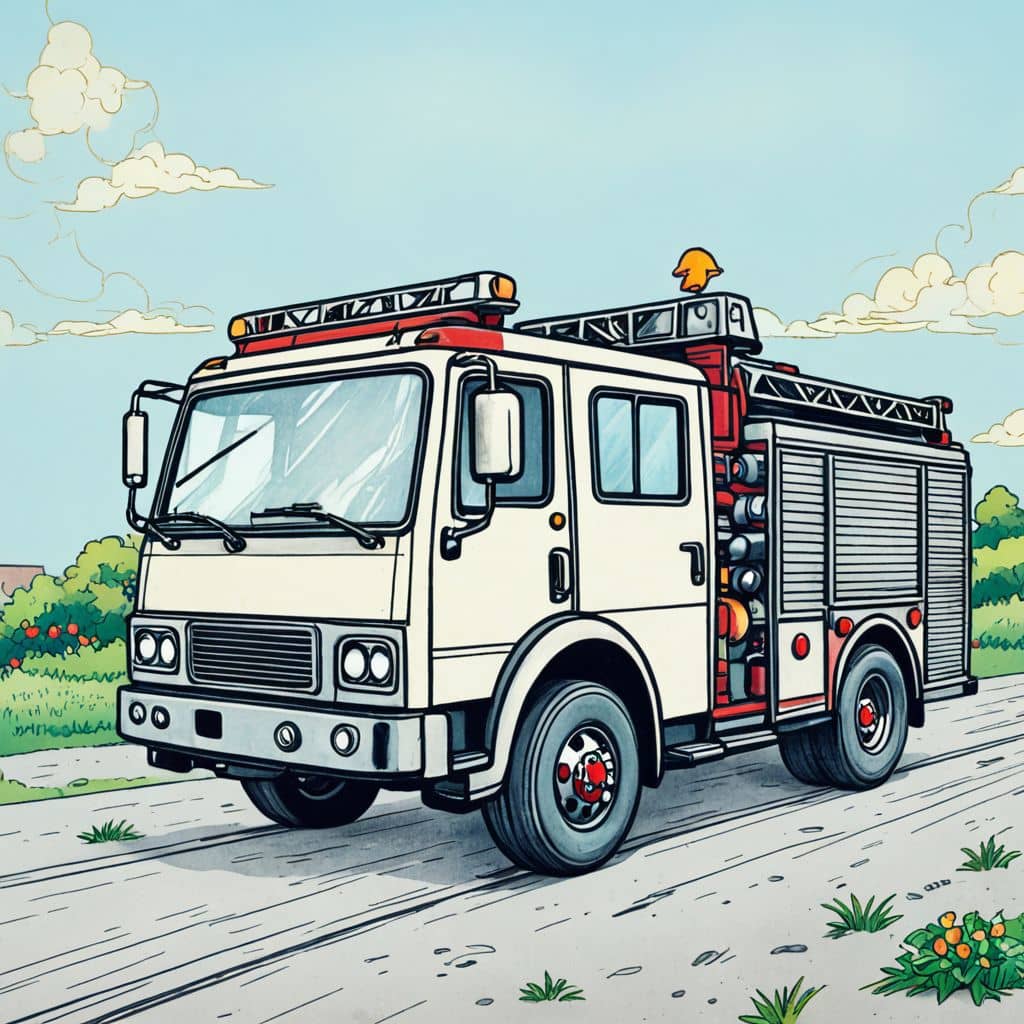 Colored fire truck driving along the beach shoreline