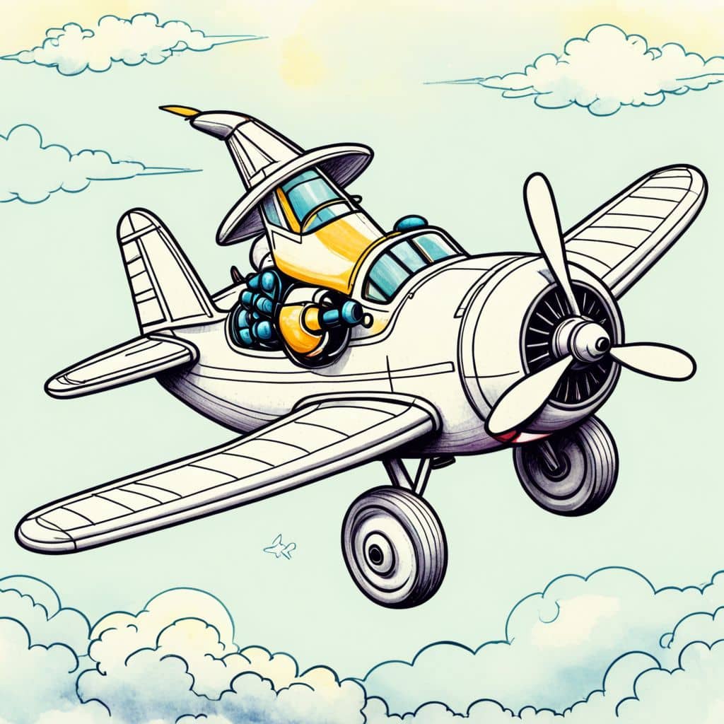 Colored Airplane with a wizard casting spells from the cockpit