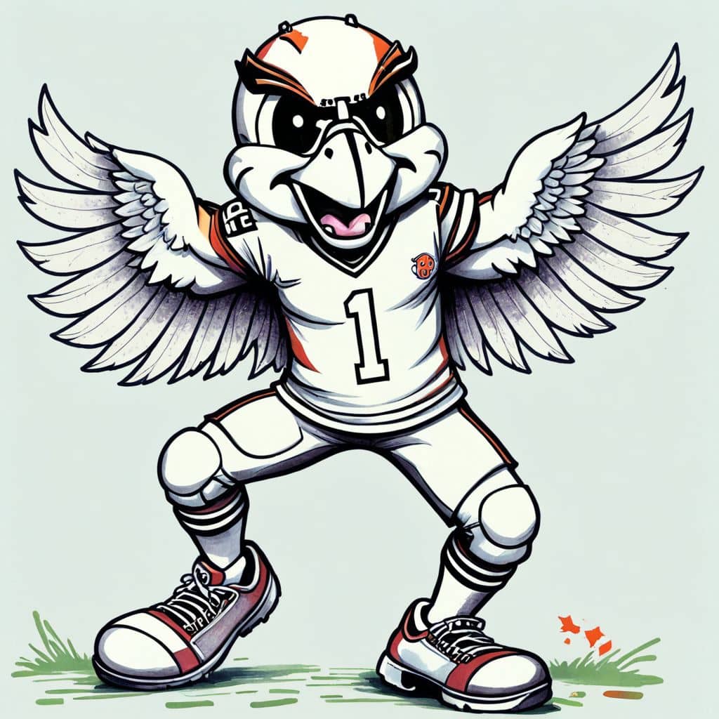 Colored Freddie Falcon - the mascot from Atlanta Falcons doing a touchdown dance.