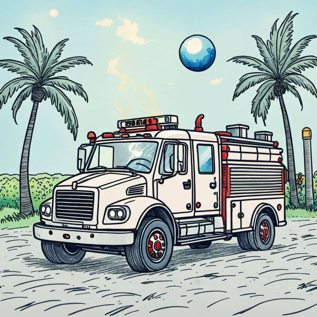 Colored fire truck next to a beach volleyball game