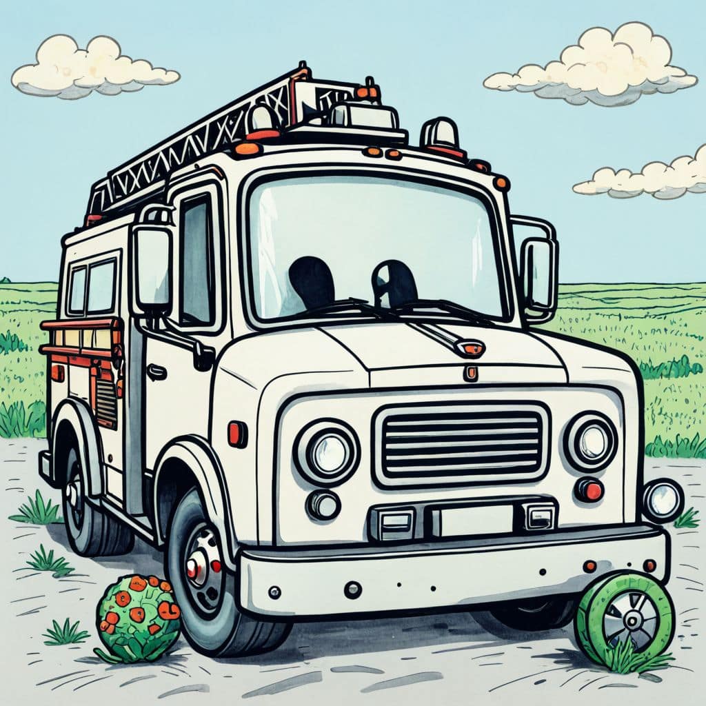 Colored fire truck with beach balls around it.