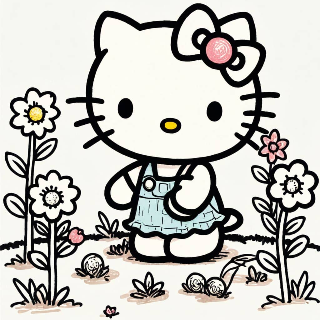 Colored Hello Kitty planting flowers