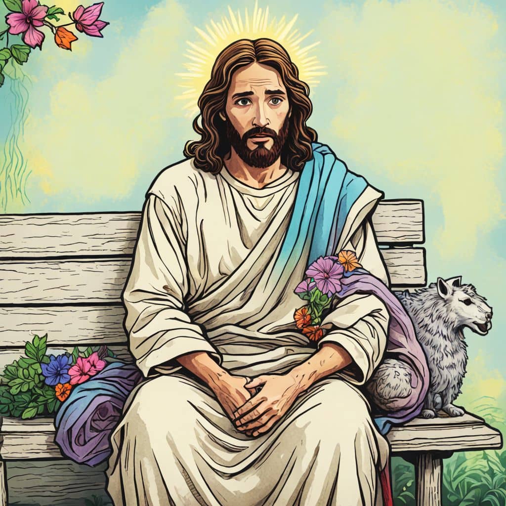 Colored Jesus sitting with a squirrel on a bench