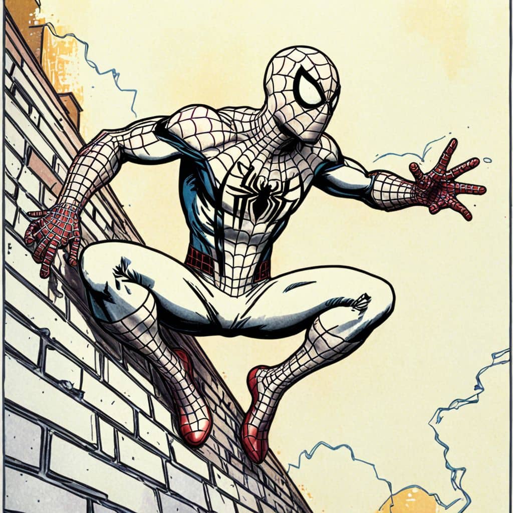 Colored Spiderman running up a wall