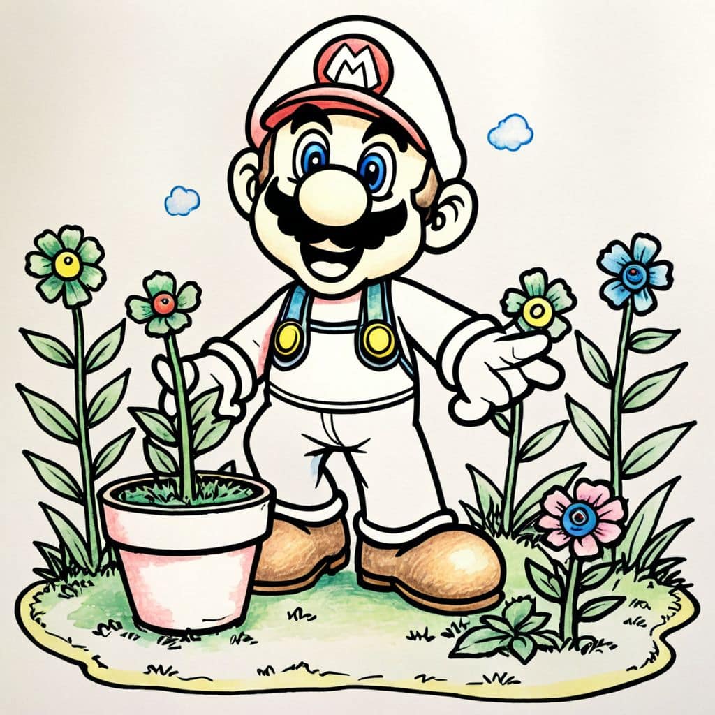 Colored Mario planting flowers
