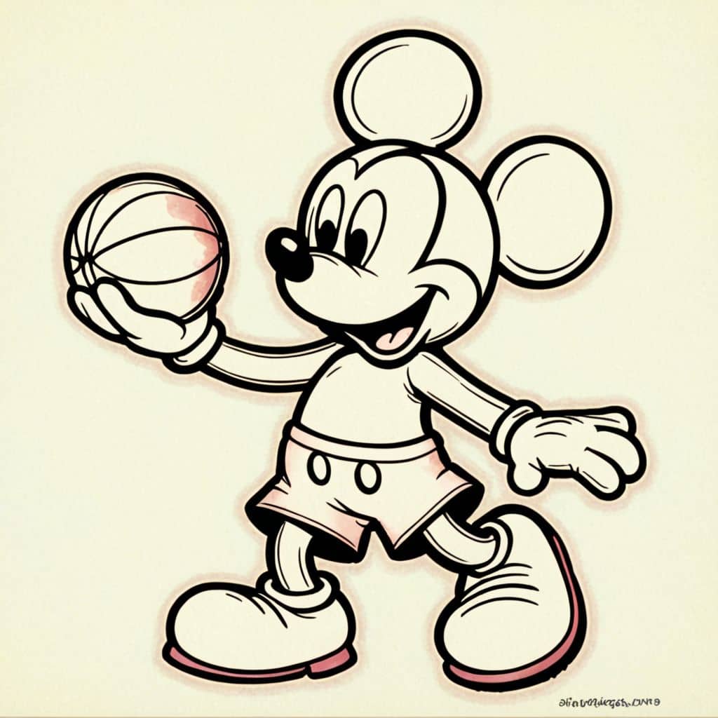 Colored Mickey Mouse playing basketball