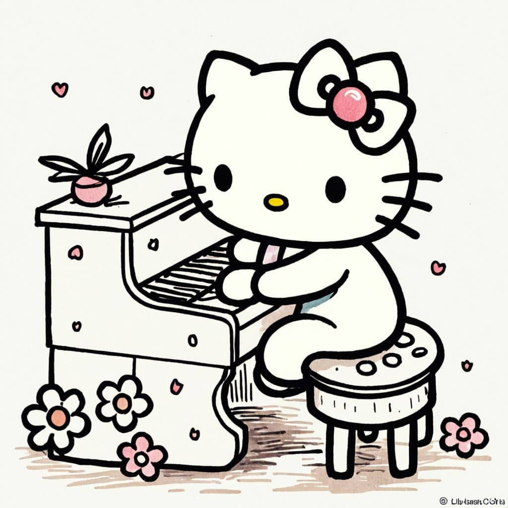Colored Hello Kitty playing piano