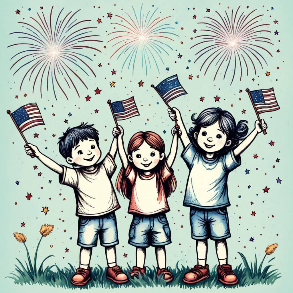 Colored Kids waving small American flags with fireworks overhead