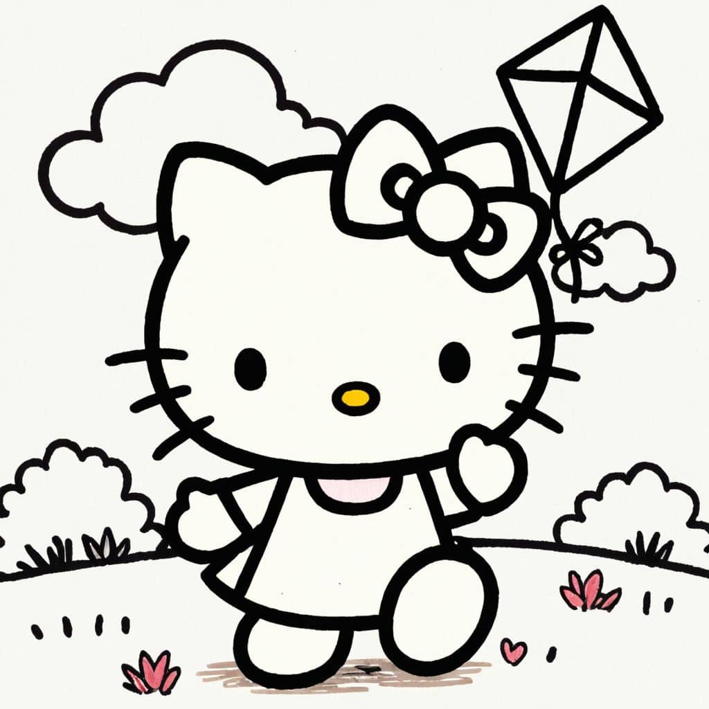 Colored Hello Kitty flying a kite.