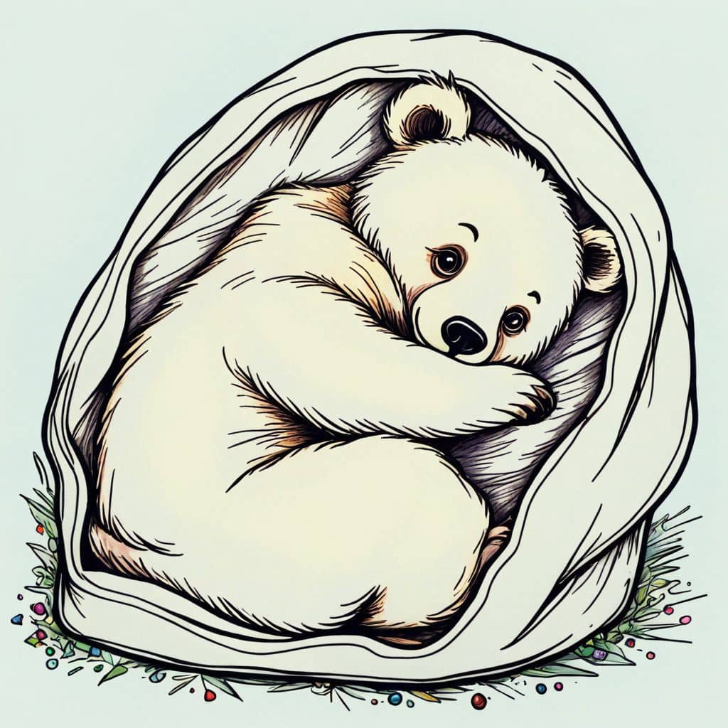 Colored Bear sleeping in a sleeping bag.