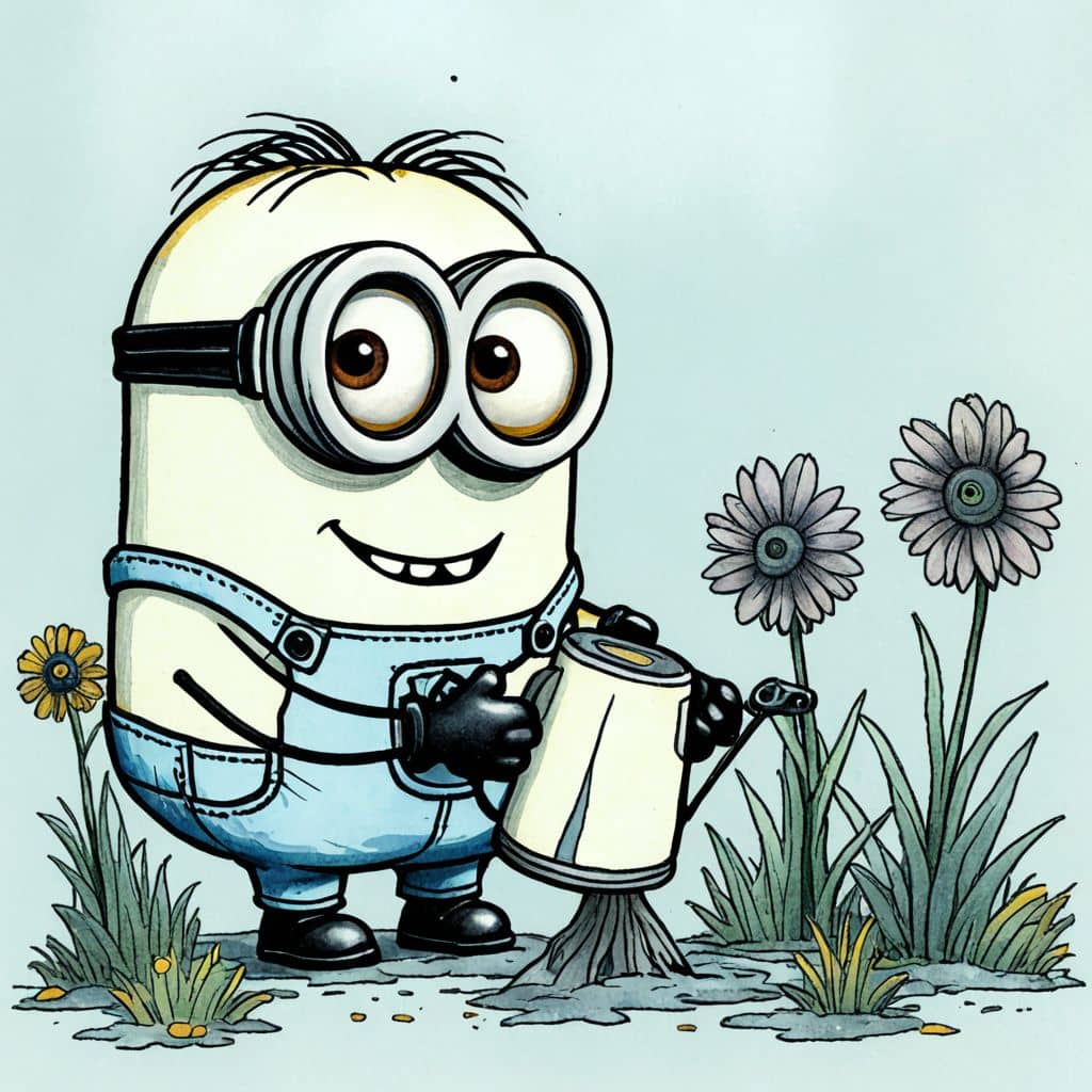 Colored Minion from Despicable Me watering flowers.