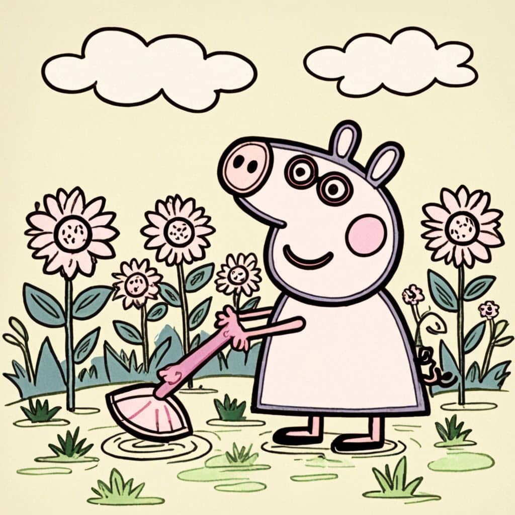 Colored Peppa Pig watering flowers