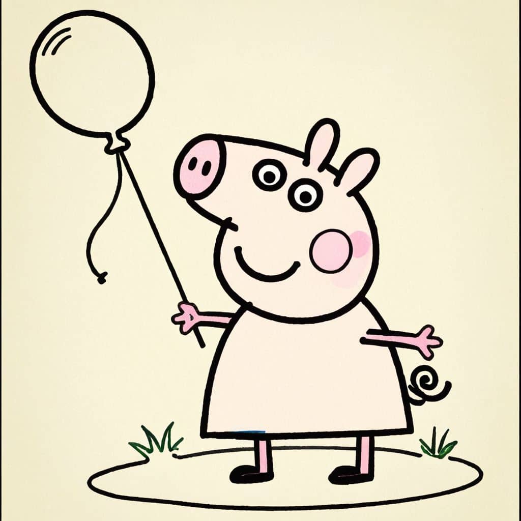 Colored Peppa Pig holding a balloon